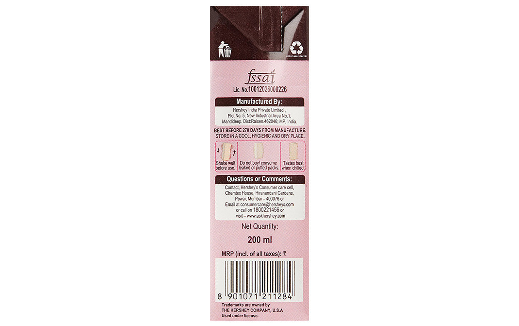 Hershey's Milk Shake Strawberry Flavour   Tetra Pack  200 millilitre